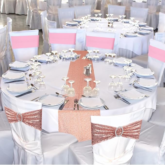 Newwiee 54 Pcs Rose Gold Sequin Chair Sashes and Table Runners, 48 Sequin Chair Bows, 6 Glitter Table Runners for Birthday Party Wedding Banquet Holiday Decorations