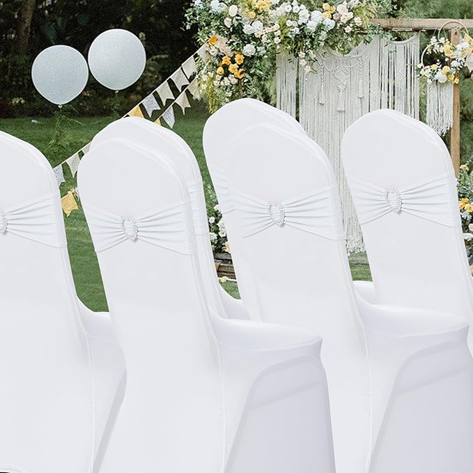 Howhic Pack of 120 Spandex Chair Sashes Bows Stretch Chair Cover Band with Buckle Slider Universal Elastic Chair Ties for Wedding Banquet Party Event Decoration (White)