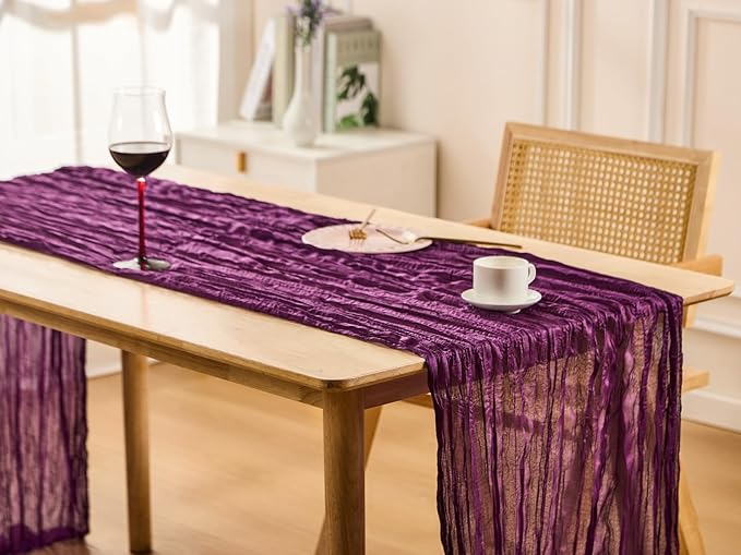 3 Pack Royal Purple Spring Table Runner Boho Cheesecloth Table Runners Bulk 10 ft Gauze Sheer Mother's Day Table Centerpieces for Wedding Ceremony Anniversary Bridal Baby Shower Banquet