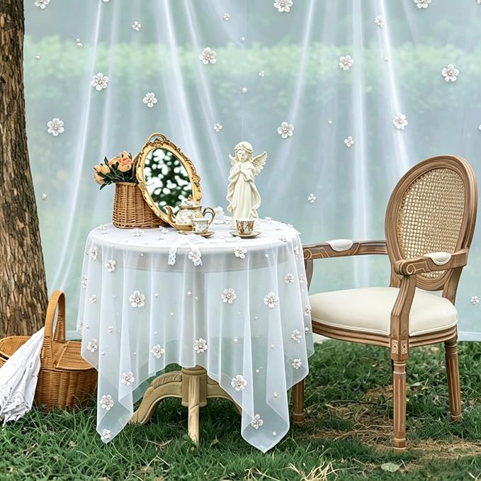 BINBE 4pcs Flower Pearl Table Runner Spring Summer Rustic Boho 10ft Tulle Table Runner for Baby Shower Wedding Veil Holiday Dessert Table Decor White