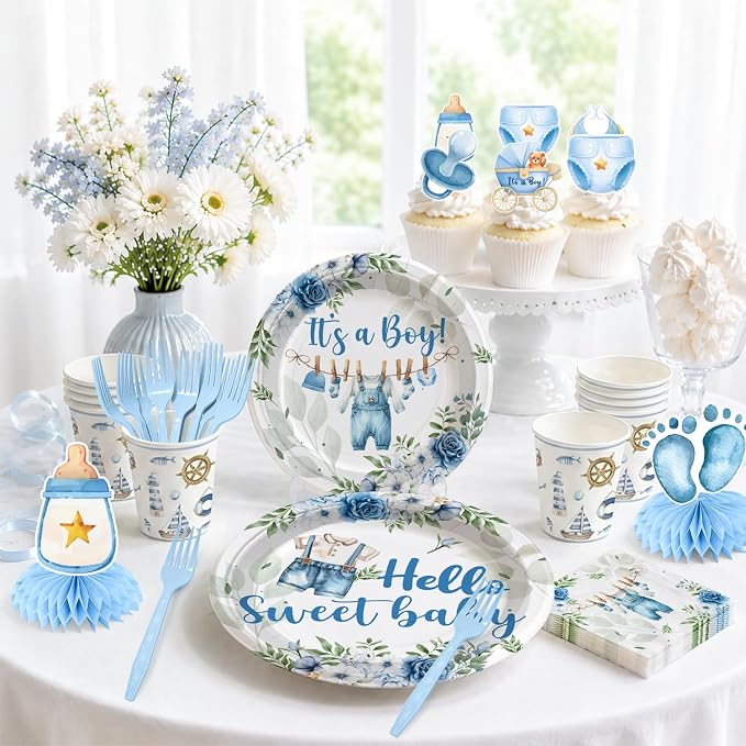cocomigo 222Pcs Baby Boy Shower Decorations, All-in-One Blue Baby Shower Party Supplies Includes Banner, Backdrop, Cake Topper, Paper Plates and Napkins, Easy Setup Baby Shower Boy Decor, Serves 25