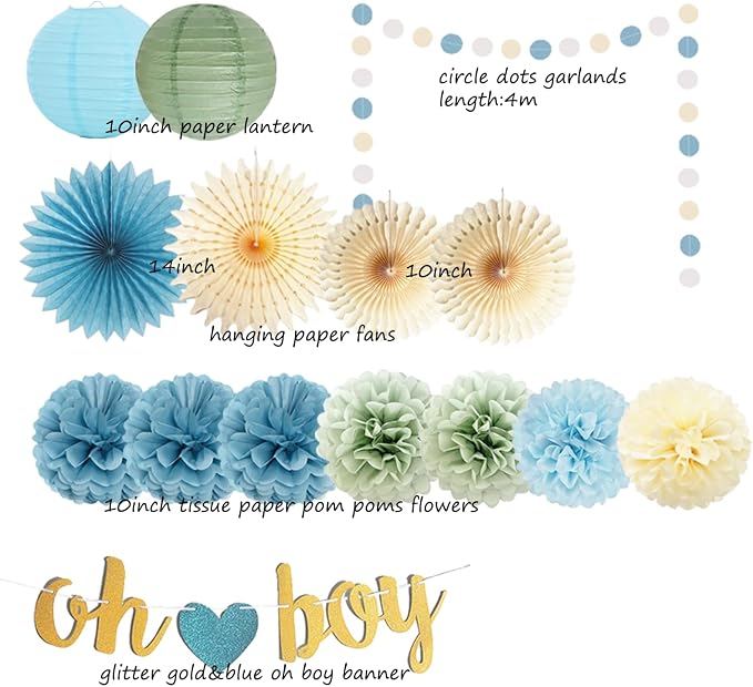 Dusty Blue Sage Green Baby Shower Decorations Oh Boy Banner Light Blue Tissue Pom Poms Flowers Beige Paper Fans Lantern Circle Dot Garlands for Birthday Boho Baby Boy Shower Party Decorations