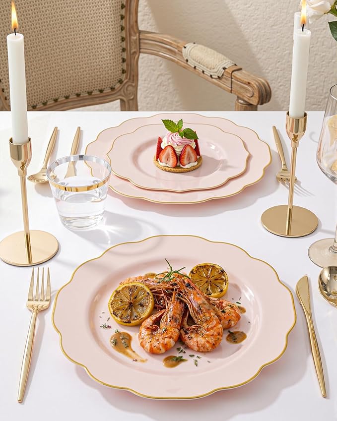 bUCLA 180PCS Pink Plastic Plates - Pink with Gold Rim Disposable for Party Include 30 Each (Dinner & Dessert) Plates, 30 Knives, 30 Forks, 30 Spoons, 30 Cups for Wedding, Birthday & Mother's Day