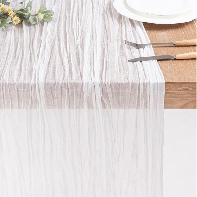 8 Pack 10Ft Cheesecloth Table Runner 35x120 inch White Boho Gauze Long Table Cloth Wrinkled Sheer for Wedding Bridal Shower Birthday Party Table Decor