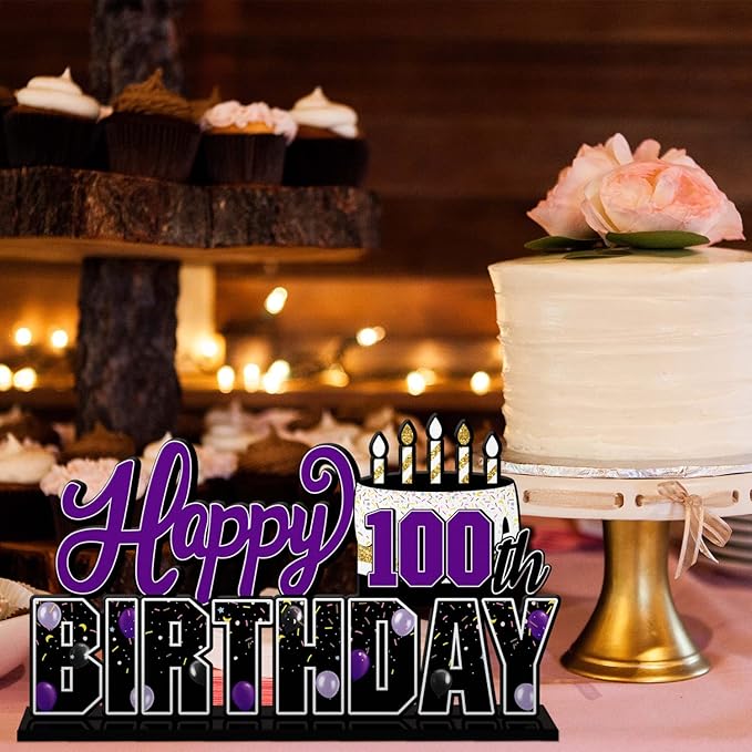 LINGTEER Happy 100th Birthday Purple Acrylic Table Topper Centerpieces Set - Cheers to 100 Years Old Birthday 100th Bday Party Gift Decorations.