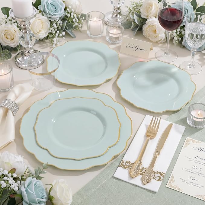 NOCCUR 175PCS Sage Green Plastic Plates with Gold Disposable Silverware - Include 50 Green and Gold Plastic Plates,25 Knives,25 Forks,25 Spoons,25 Cups and 25 Napkins - Wedding/Party/Baby Shower
