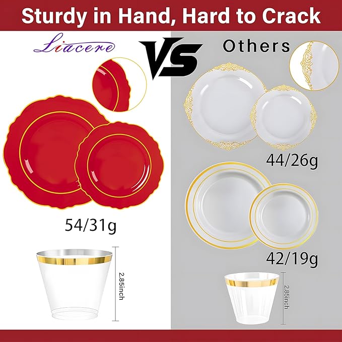 Liacere 175PCS Red Plastic Plates - Red Disposable Plates With Gold Rim -25Guest Baroque Plastic Dinnerware include 50Plates-25Pack Pre Rolled Napkins with Silverware 25Cups for Wedding & Mothers Day