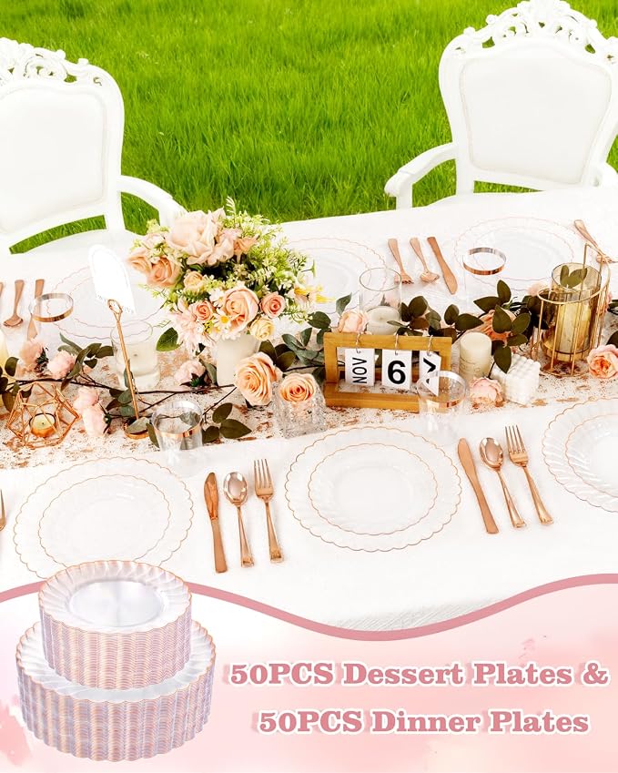 YOUBET 100PCS Rose Gold Plastic Plates - Heavy Duty Scalloped Disposable Plates Include 50 Dinner Plate, 50 Dessert Plate for Wedding & Baby Shower & Party