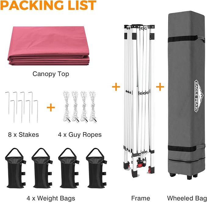 EAGLE PEAK Pop Up Canopy Tent with Wheeled Carry Bag, 8 Stakes, 4 Ropes, 4 Weight Bags, Easy Set Up Tent Canopy, 10x10 ft, 100sqft of Shade, Peach Pink