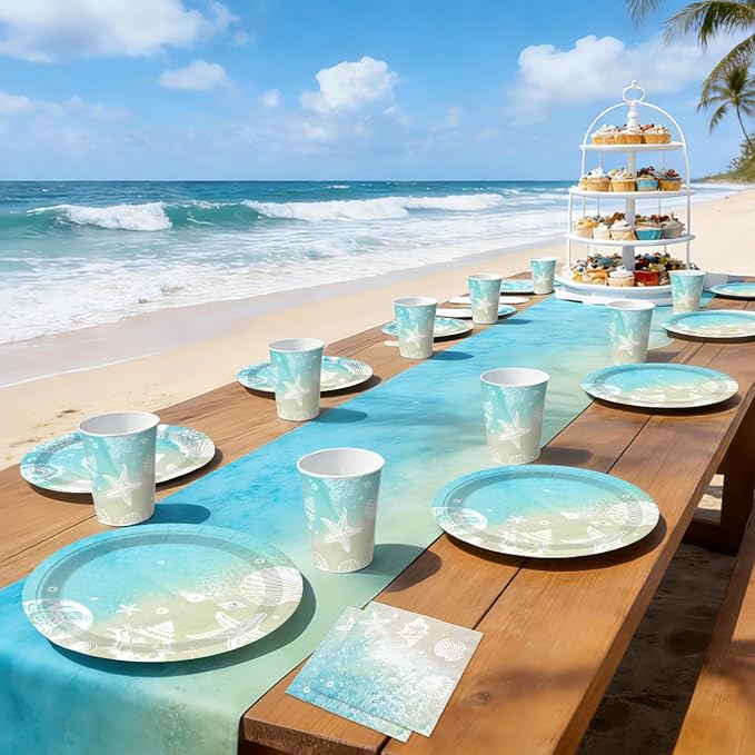 cocomigo 299pcs Beach Birthday Party Decorations Serves 25 Guests, Worry-free One-stop Set, with Balloons Arch, Banner Thick Plates and Cupcake Toppers, Easy Setup for Ocean-Themed Party