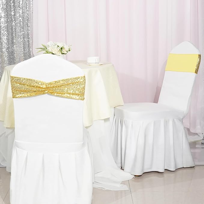 Poise3EHome Set of 50 Stretch Sequin Chair Sashes Bands Gold One-Sided Sequins Decorative Bows for Wedding Party Event Chair Covers