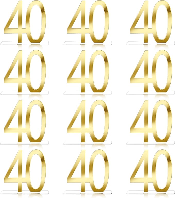 Threehoney 12 Pcs Mirror Gold 40th Birthday Decorations for Men and Women Acrylic Anniversary Decorations Table Numbers Centerpieces for Birthday Party