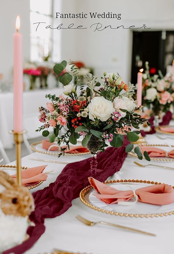 10 Pack Burgundy Cheesecloth Table Runner 17x108 Inch Semi Sheer Boho Gauze Cheese Cloth Table Runners, for Wedding Bridal Shower Birthday Party Home Decor Garden Farmhouse