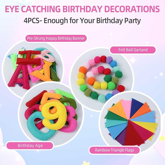 Pre-strung Felt Happy Birthday Banner Decorations for Women Men | 3D Rainbow Birthday Party Decorations Sign with Replaceable Numbers 0-9,Multicolor Felt Ball&Triangle Flags Garland (Rainbow)