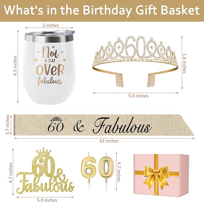 60th Birthday Decorations Gifts for Women with 12oz Coffee Wine Tumbler Mug, Birthday Crown, Sash, Cake Topper and Candles, 60 Year Old Gifts Idea