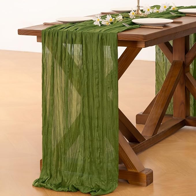 Socomi 2pcs Campsite Green Easter Spring Cheesecloth Table Runner Boho Rustic Gauze 120 inch 10FT Cheese Cloth Runner for Wedding Party Baby Shower Birthday Home Decor Holiday Decorations