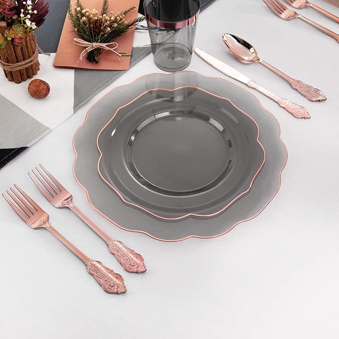 BUCLA 30Guests Clear Black Plastic Plates With Rose Gold Silverware & Cups - Rose Gold Rim Plastic Dinnerware Ideal for Party & Mother's Day