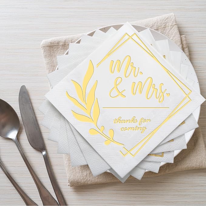 Tinlade 300 Pcs Mr and Mrs Wedding Napkins for Reception 3 Ply Gold Disposable Cocktail Dessert Napkins Beverage Decor for Engagement Table Decorations Bridal Shower Party Supplies,5 x 5 Inch