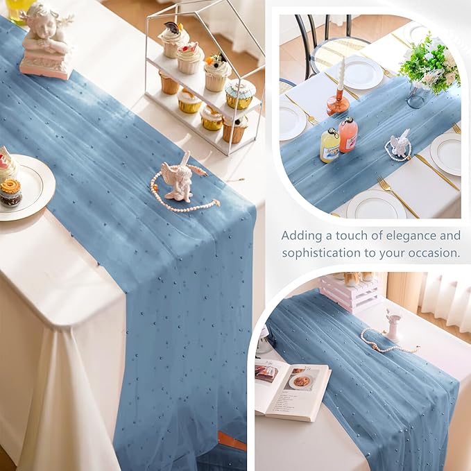 12 Pack 10FT Pearl Table Runner 30x120 Inch Dusty Blue Tulle Fabric Boho Rustic Sheer Table Runners Lace Table Cloth for Wedding Bridal Shower Birthday Party Arch Veil Dessert Table Decor (Dusty Blue)