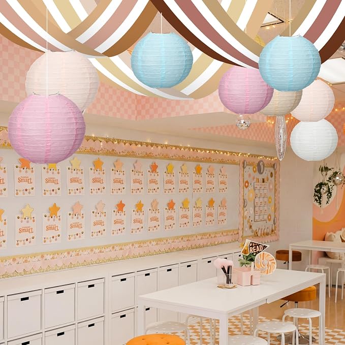 11 Pcs Boho Classroom Ceiling Decor Include 12 x 2 ft Fluorescent Light Covers 8 Packs Pastel Paper Lanterns Props DIY Hanging Ornament for Classroom Daycare Nursery Party Decorations