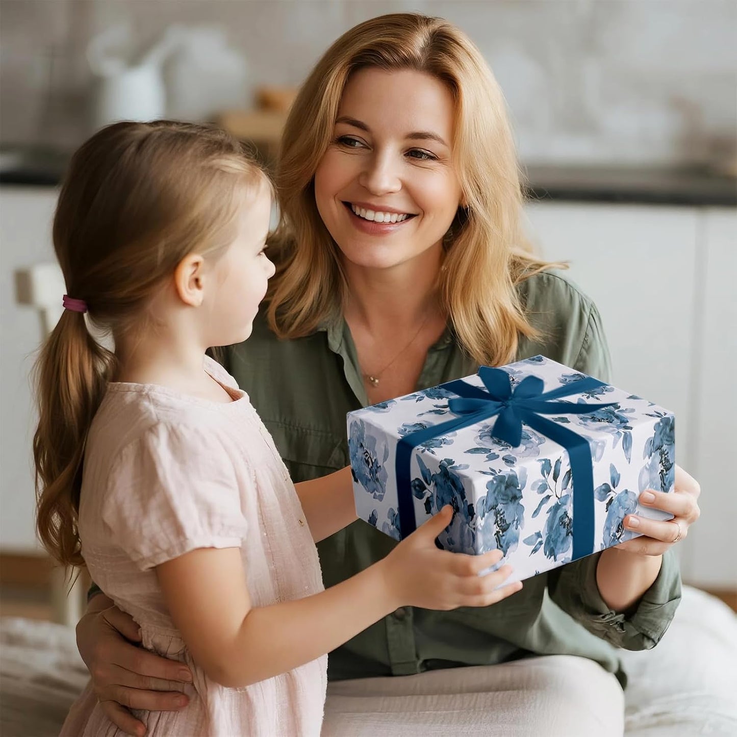 RUSPEPA Reversible Floral Wrapping Paper for Girls Women, Mini Roll, Watercolor Blue Floral and Solid Blue Gift Wrap Paper for Birthday, Wedding, Mother's Day, Bridal Shower, 17 Inches x 16.4 Feet