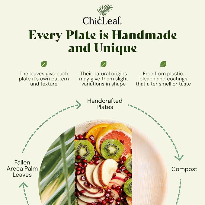 Chic Leaf 6-Inch Palm Leaf Plates, 50-Pack -Fully Compostable Disposable Appetizer and Dessert Plates, Heavy Duty Bamboo-Style Dinnerware for Weddings Parties Charcuterie and Tastings, Microwave Safe