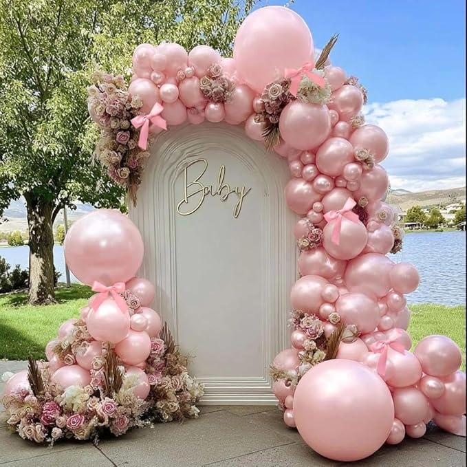 Pearl Pink Balloons Different Sizes Double Stuffed Pastel Baby Pale Pink Pearl Balloon Arch Garland Kit 18/12/5in with Bow for Bridal Wedding Birthday Baby Shower Coquette Party Decorations