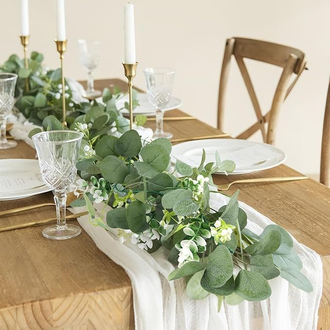 N&T NIETING 6 Pack Artificial Eucalyptus Garland with Lights, 6FT Artificial Greenery Garlands, Battery Operated Twig Vine for Room Stairs Mantle Wedding Holiday Mothers Day Decoration Indoor Outdoor
