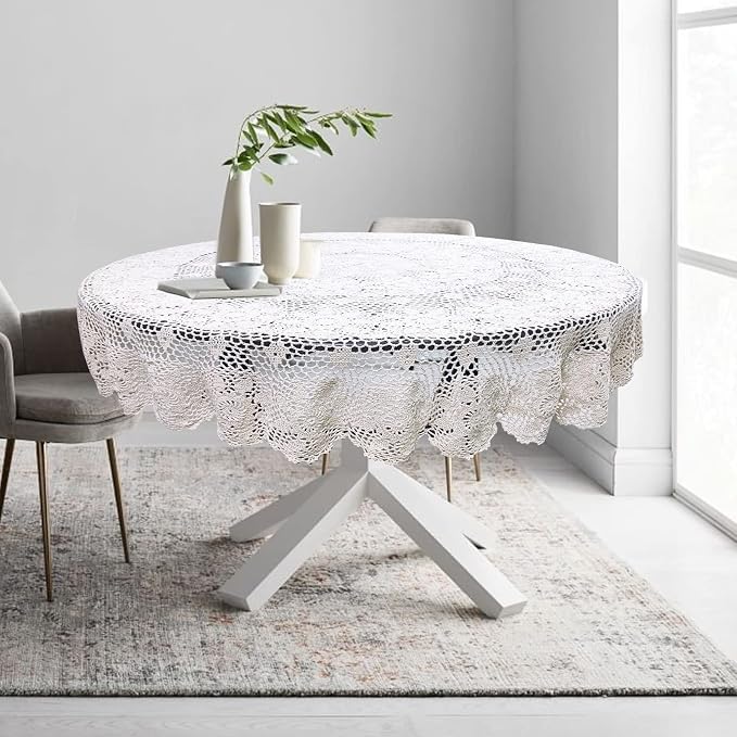 USTIDE 100% Cotton Lace Tablecloth Round White 70-inch Handmade Crochet Table Overlays Floral Design Table Covers