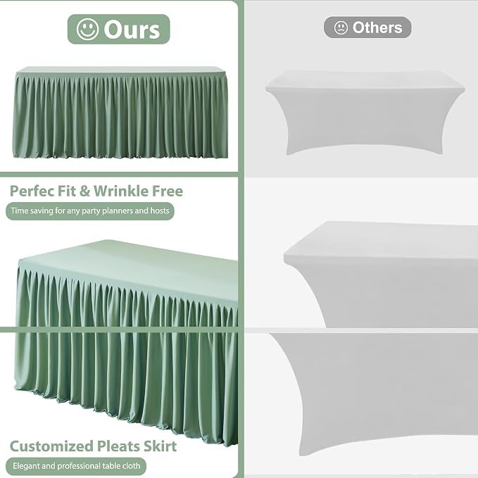 Wish Care 6 Pack Sage Green Rectangle Table Clothes for 8 Foot Tables, Polyester Fitted Tablecloths 8ft Stretch Table Cover for Wedding, Birthday, Parties, Trade Show, Craft Show
