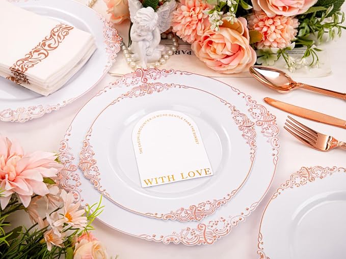 Morejoy 175PCS Rose Gold Plastic Plates & Plastic Silverware inculdes: 25 Dinner Plates,25 Dessert Plates, 25 Forks,25 Knives, 25 Spoons, 25 Cups,25 Napkins Perfect for Wedding & Graduation Party