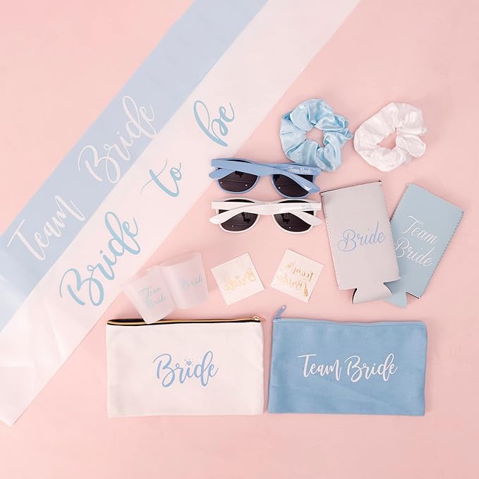 56 Piece Bachelorette Party Favors Kit – Bridesmaid Proposal Gifts & Bride-to-Be Accessories | Team Bride Decorations, Sashes, Sunglasses, Cups & More (Blue 7 Pack, 56)