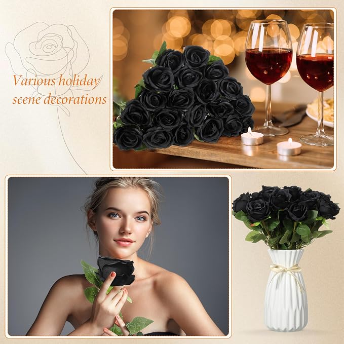Hotop 20 Pcs Artificial Rose Flowers with Long Stem, Real Lifelike Silk Realistic Plastic Bouquet Roses Bulk for Home Decor Bridal Wedding Party Table Centerpieces Decorations(Black)