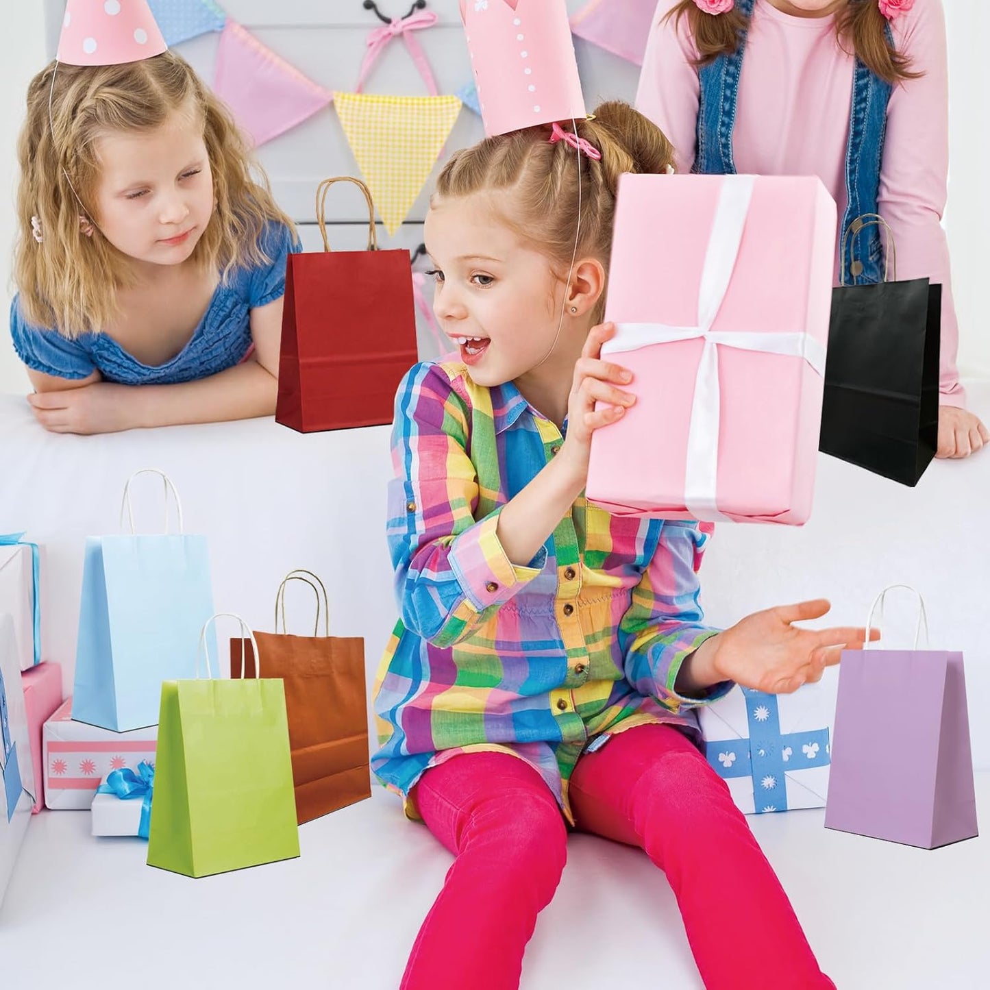 BAG BOX 25 Pack Small 5.9x3.1x8.25 Inch Blue Kraft Paper Gift Bags with Handles for Bulk Shopping, Retail, Craft, Party Favors, Wedding, Grocery & Sacks