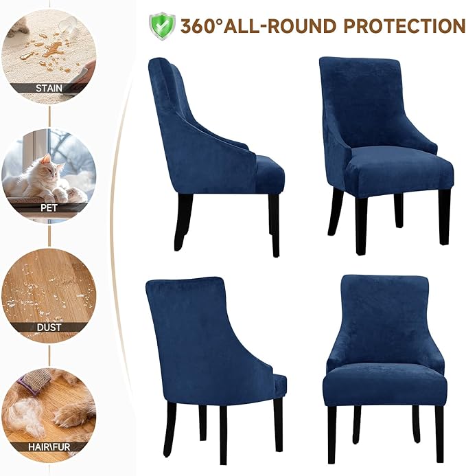 Velvet Wingback Dining Chair Cover Soft Stretch Accent Chair Cover Slipcover Thick Plush Wing Back Chairs Covers Furniture Protect Washable Chairs Protector Covers for Dining Room (Deep Blue, 2)