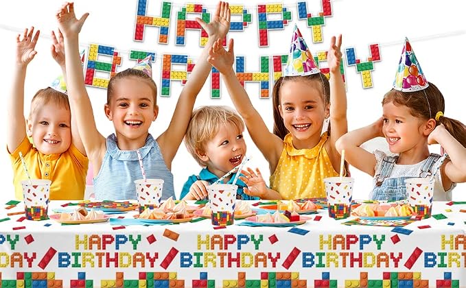 Building Block Party Supplies Paper Plates Napkins Cups Tablecloth Banner for Colorful Building Block Birthday Party Decorations for Boys, Kid’s Birthday Party Decorations Serve 25