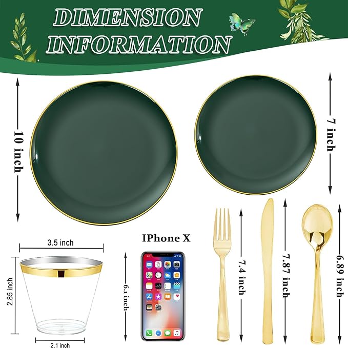 WDF 150Pcs Green Plastic Plates - Green Plates Disposable with Gold Rim - 25Guest Disposable Dinnerware Include 50 Plastic Plate, 75 Gold Cutlery & 25 9oz Cups for Wedding/Party/Birthday