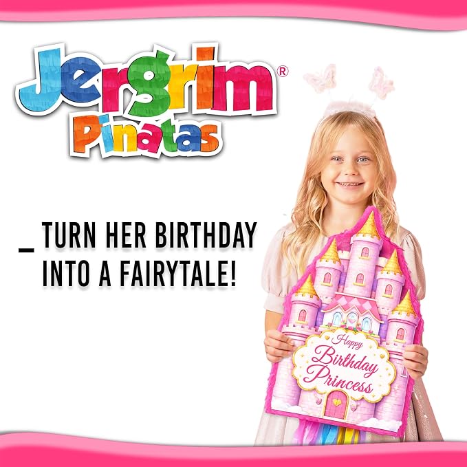 Jergrim Princess Castle Happy Birthday Pinata 4 Piece Set, 11"x17" Perfect For Girl Party Decorations, Once Upon A Time Piñata 5th, 6th 7th B-day Piñatas, Fits Candy & Party Favors
