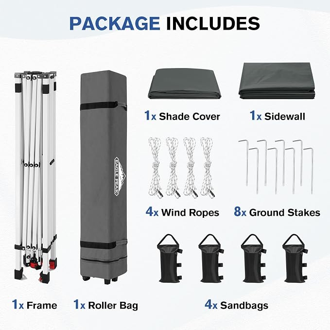 EAGLE PEAK Commercial Canopy 10x10 Pop Up Canopy Tent with 1 Sidewall, Easy Setup Heavy Duty Instant Event Shelter for Vendors & Markets, Outdoor Sun Shade, Gray