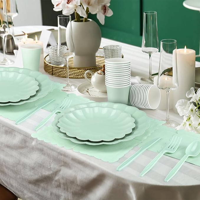 Newtay 350 Pcs Light Green Scalloped Paper Plates Shell Edge Disposable Tableware Cocktail Napkins Cups Plastic Spoons Forks Knives for Wedding Baby Shower Picnic Birthday Party Supply for 50 Guests