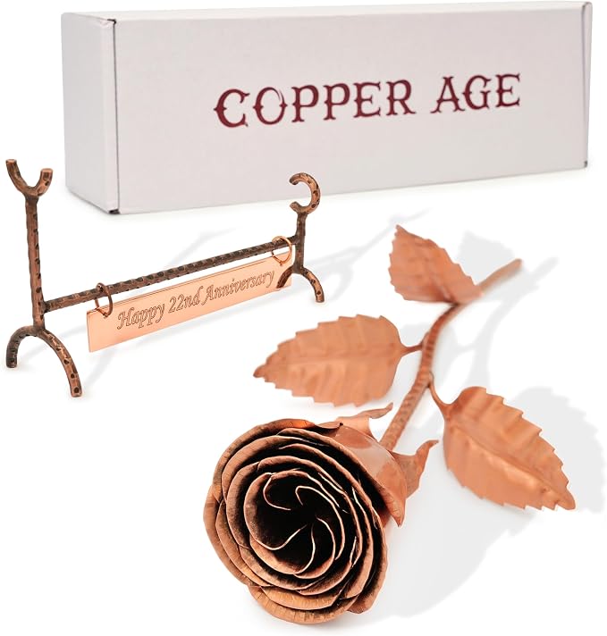 Copper Rose with Stand & Engraved Plate Happy 22nd Anniversary - Solid Copper Flower - 22 Years Wedding Anniversary Decor for Wife, Him or Her