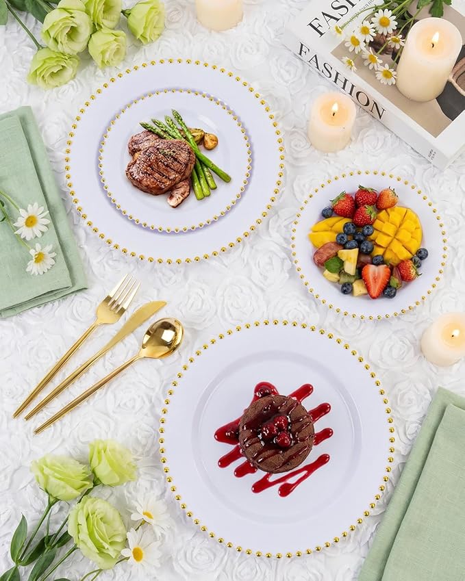 supernal 180Pcs White and Gold Dinnerware Set,Premium Heavy Duty White Plastic Plates with Gold Beads,White Disposable Plates with Plastic Silverware and 10oz Cups for Wedding/Party/Valentine's Day