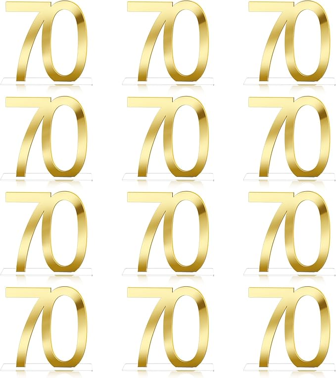 Threehoney 12 Pcs Mirror Gold 70th Birthday Decorations for Men and Women Acrylic Anniversary Decorations Table Numbers Centerpieces for Birthday Party