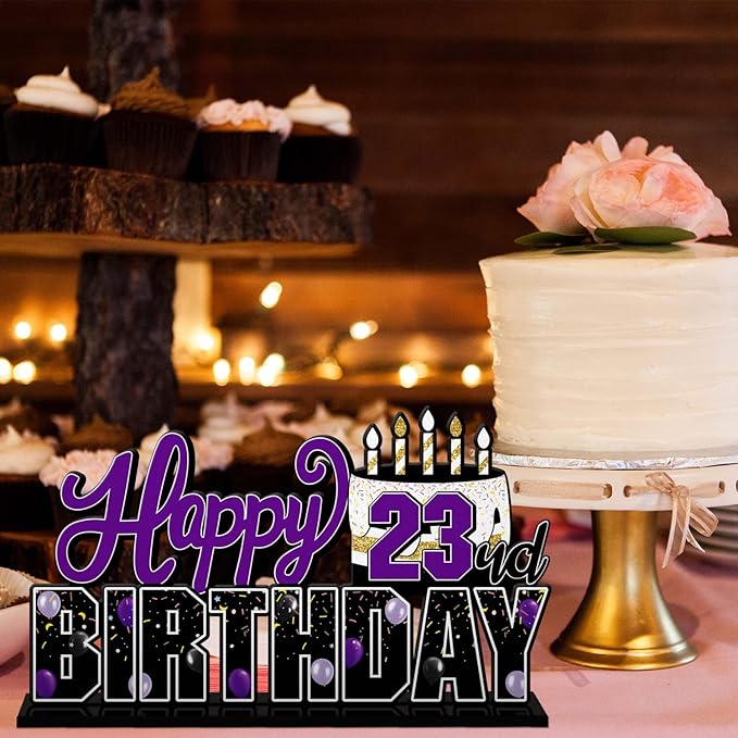 LINGTEER Happy 23rd Birthday Purple Acrylic Table Topper Centerpieces Set - Cheers to 23 Years Old Birthday 23rd Bday Party Gift Decorations.