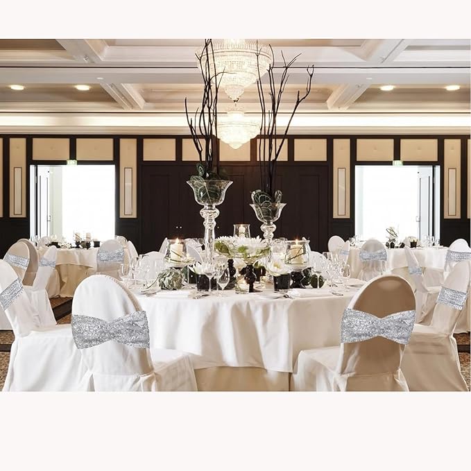 SquarePie Sequin Chair Sashes 30 Pack - Silver Decorative Sashes Bands for Wedding Party Decoration, Seuqin Fabric Bow for Banquet Reception Chairs