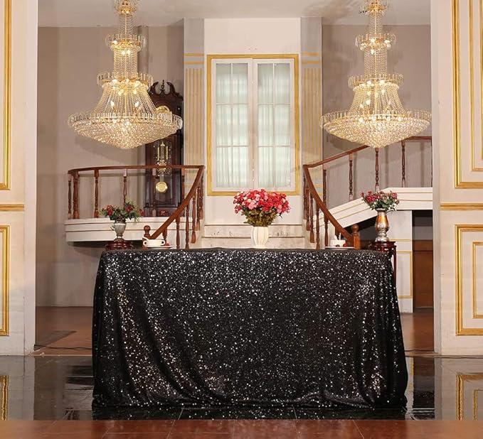 Juya Delight 90" x 132" Black Sequin Rectangle Tablecloth for Wedding Birthday Party Festival Ceremony Cake Dessert Table