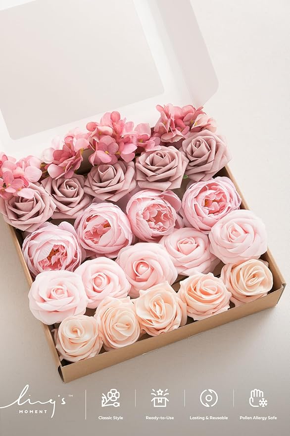 Ling's moment Artificial Flowers Fake Silk Hydrangea Foam Roses Faux Gardenia Combo for DIY Wedding Bouquets Centerpieces Arrangements Bridal Shower Party Home Decorations, Pink & Blush, 24pcs