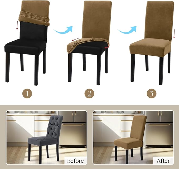 MOSAYT Velvet Stretch Chair Covers for Dining Room Set of 6 - Soft Slipcovers with Thick Removable Fabric for Parsons Chairs, Washable Seat Protectors for Kitchen, Banquet & Home Decor, Camel