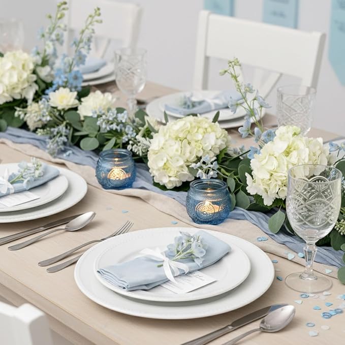 12 Pcs Blue Votive Candle Holders for Bridal Shower Decorations- Floral Style Dusty Blue Candle Holder for Wedding Table Centerpieces, Baby Shower Decor