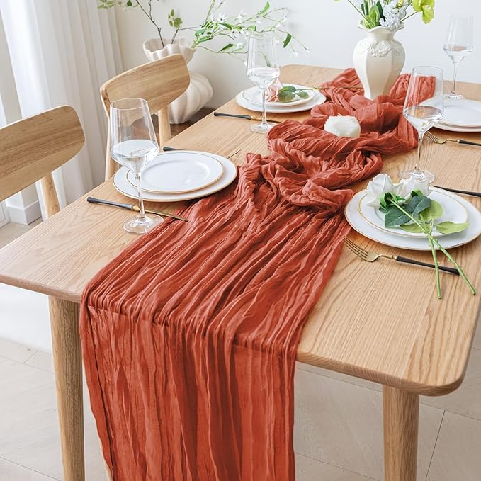 2PCS Fall Table Runner Cheesecloth 10FT Terracotta Boho Burnt Orange Gauze Cheese Cloth Rustic Sheer Table Runners for Wedding Bridal Baby Shower Party Decoration